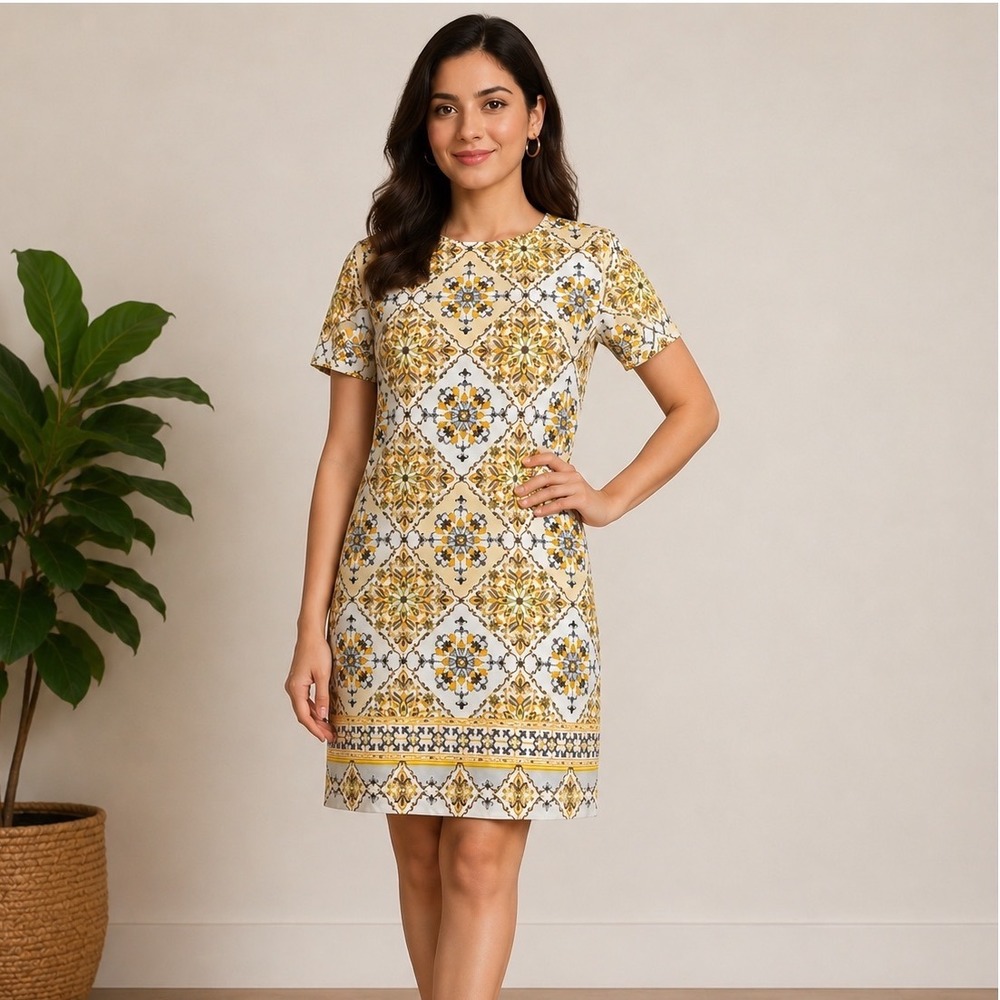 Lulus Womens Dandy Lion Yellow White Tile Print Short Sleeve Shift Dress Small